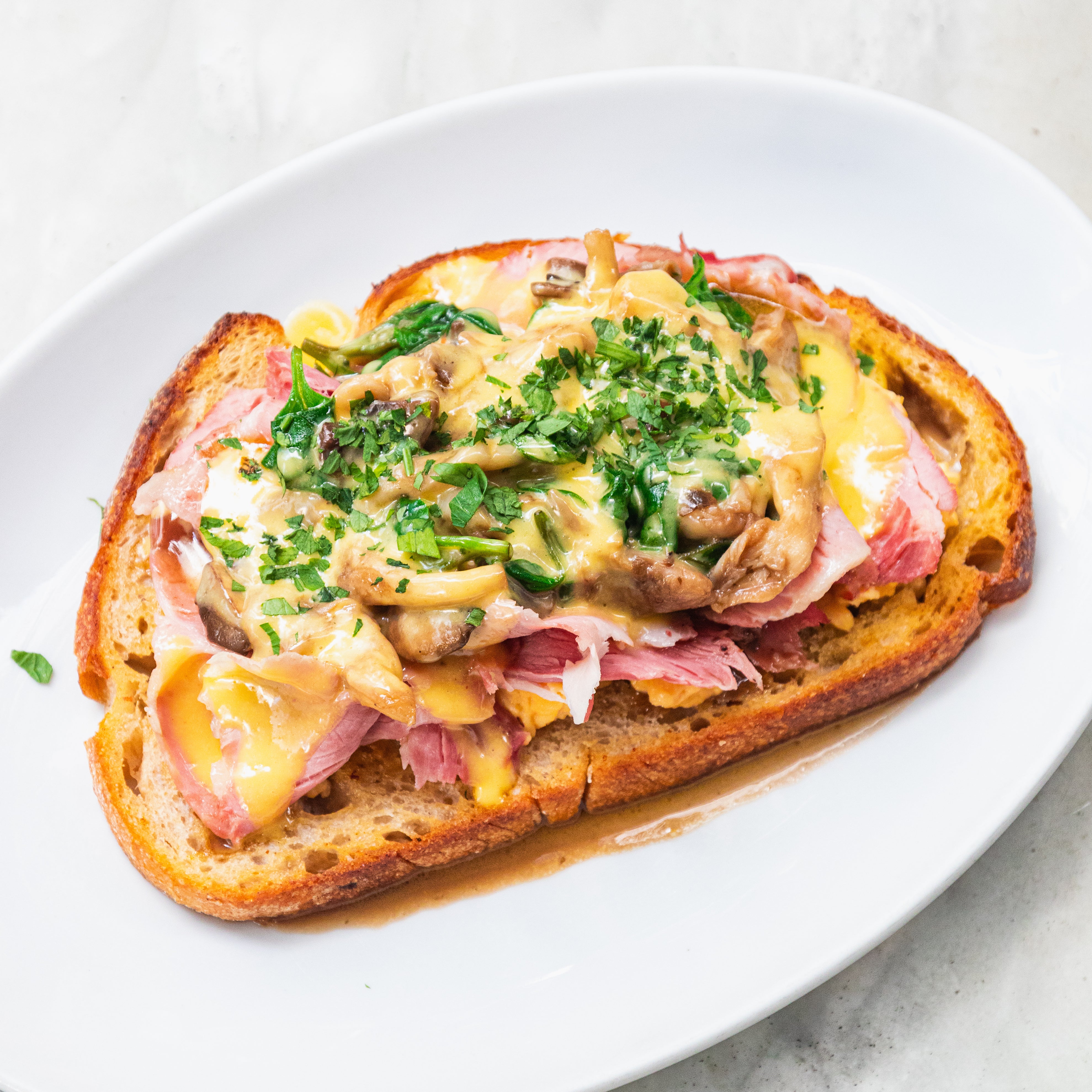 Ham, Mushrooms, and Eggs on Toast