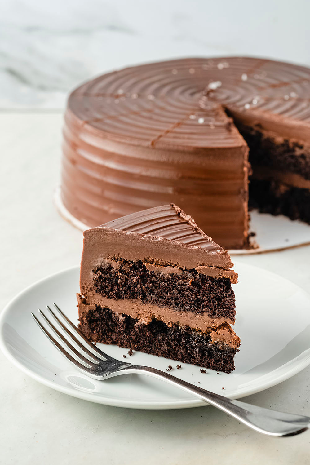 Slice of Salted Chocolate Cake with Caramel dessert or pastry