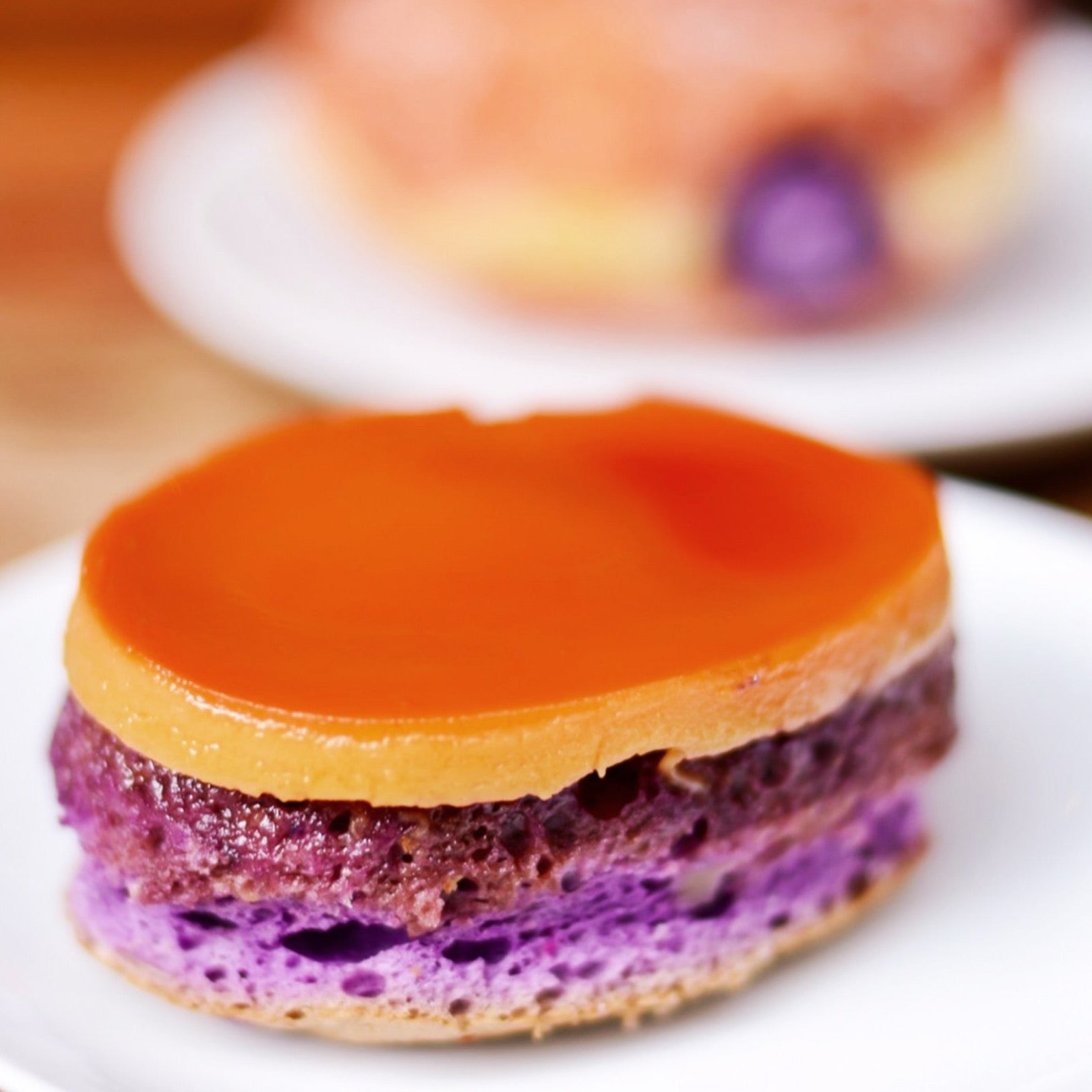 Purple Yam or Ube Custard Cake dessert on plate